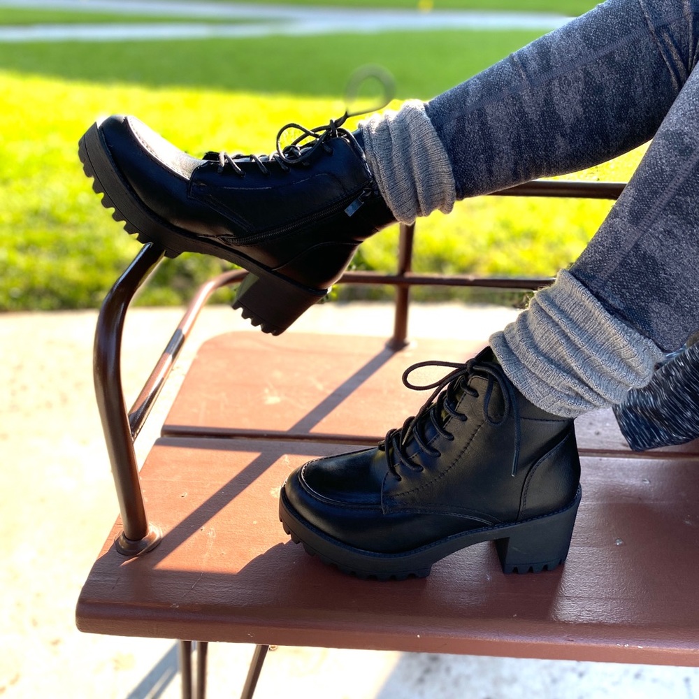 Black Faux Leather Lug Sole Lace Up Combat Boots - Picture 6 of 8